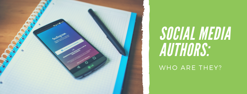 Influencers: the new publishing landscape banner with image on the left of instagram app on a phone on top of a notepad. On the right, the text reads "social media authors: who are they?" influencers