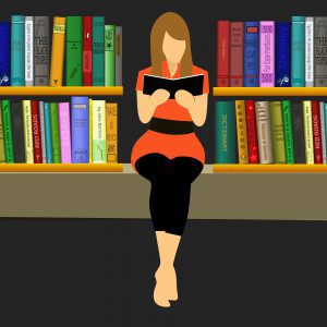 Illustration of a woman sitting down reading, with two full bookshelves on either side of her